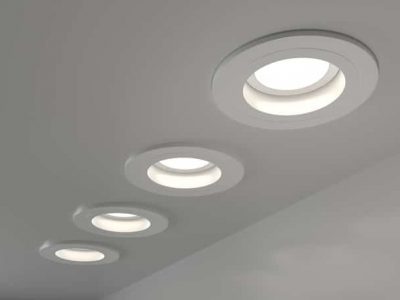 Spotlights recessed ceiling 3D render. Realistic interior room with round glowing downlights at night. Artificial lighting, LED lamps for home or office on dark background, angle view Spotlights recessed ceiling 3D render.
