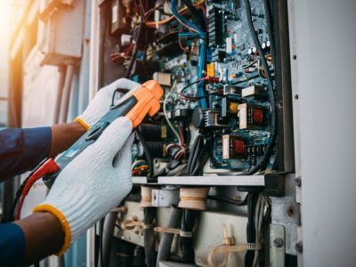 Technician is checking air conditioner refrigerant system maintenance and check switch board control